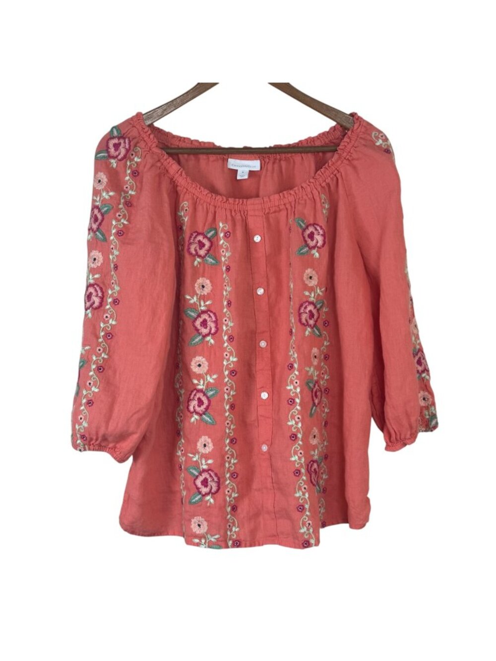Charter Club 100% Linen Coral Blouse Embroidered Size Med Floral Boho Peasant